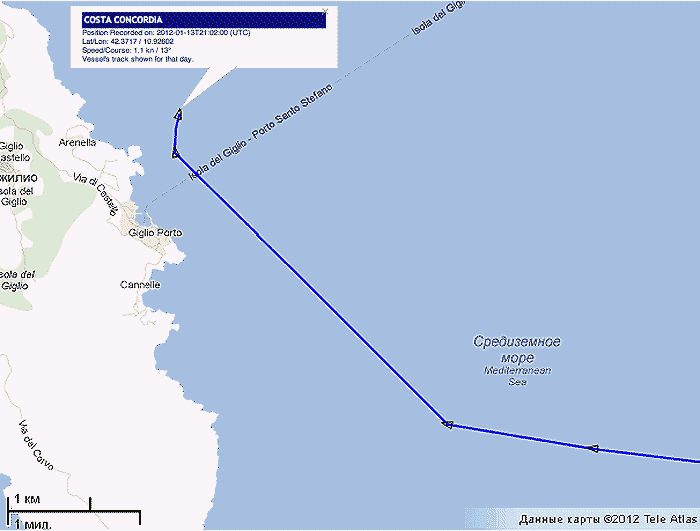 ���� ����� Costa Concordia �� ������ ������� AIS