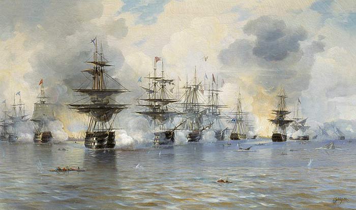 Леонид Демьянович Блинов. Наваринское сражение 8 октября 1827 года. 1888 г. Холст, масло. Центральный военно-морской музей. Леонид Демьянович Блинов. Наваринское сражение 8 октября 1827 года. 1888 г. Холст, масло. Центральный военно-морской музей.